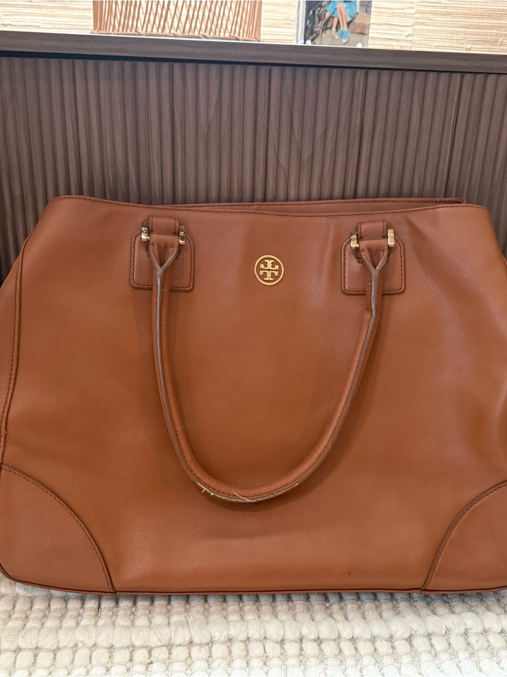 Tory Burch Cognac Leather Tote with Gold Logo